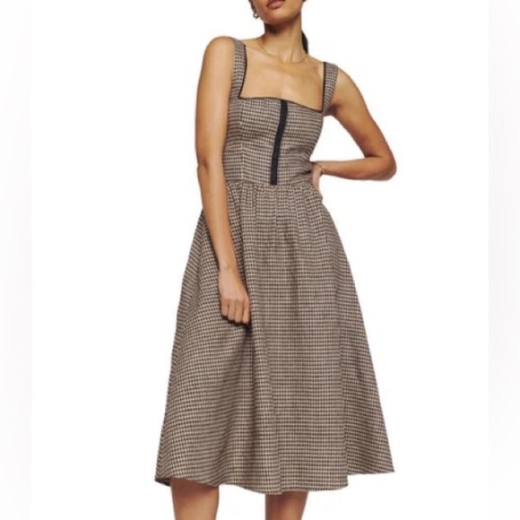Reformation Tagliatelle 100% Linen sleeveless Dress Tartine brown check size 8 - Picture 3 of 9